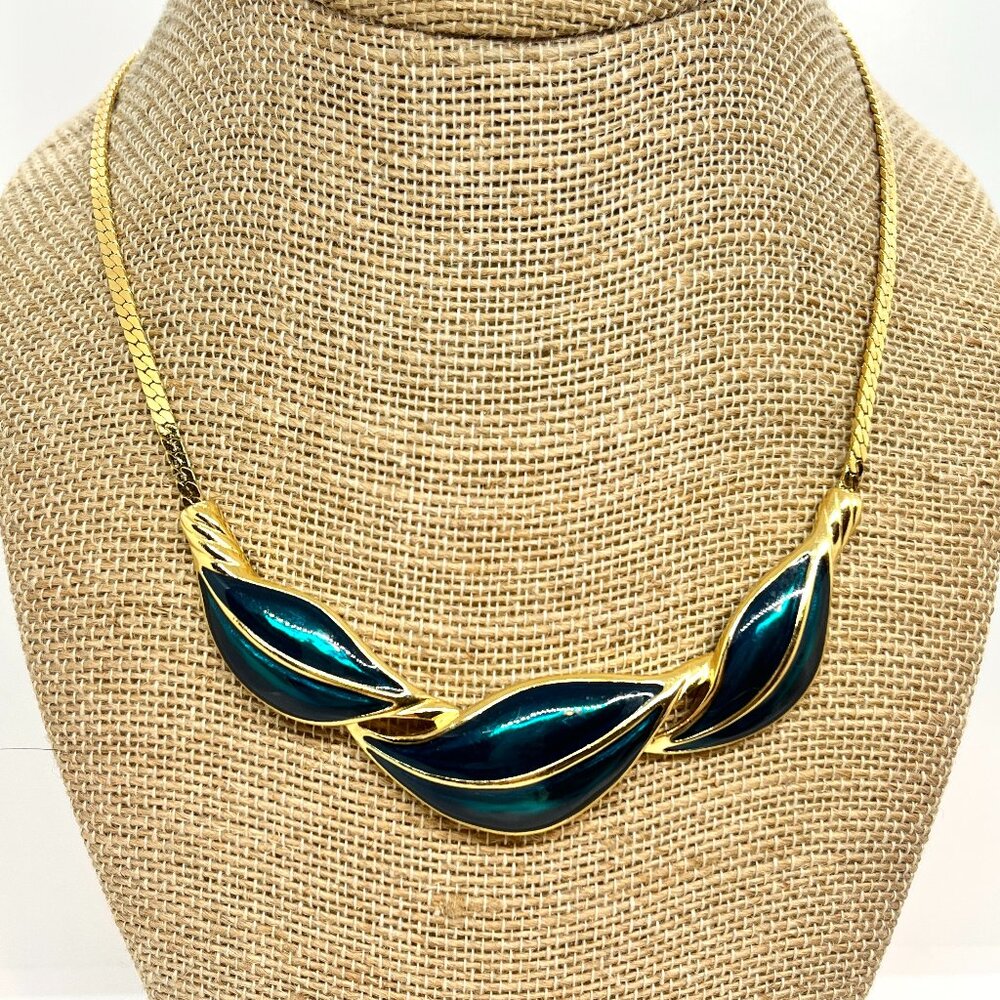 TRIFARI VINTAGE Necklace 1980s Green Enamel Leaf Bib Gold Tone Statement